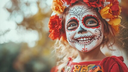 Fototapeta premium Close-Up of Happy Child in Calavera Katrina Costume with Face Painting for Halloween