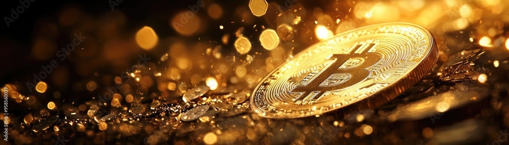 Poster a close-up image of a bitcoin surrounded by shimmering golden elements, symbolizing wealth and digit