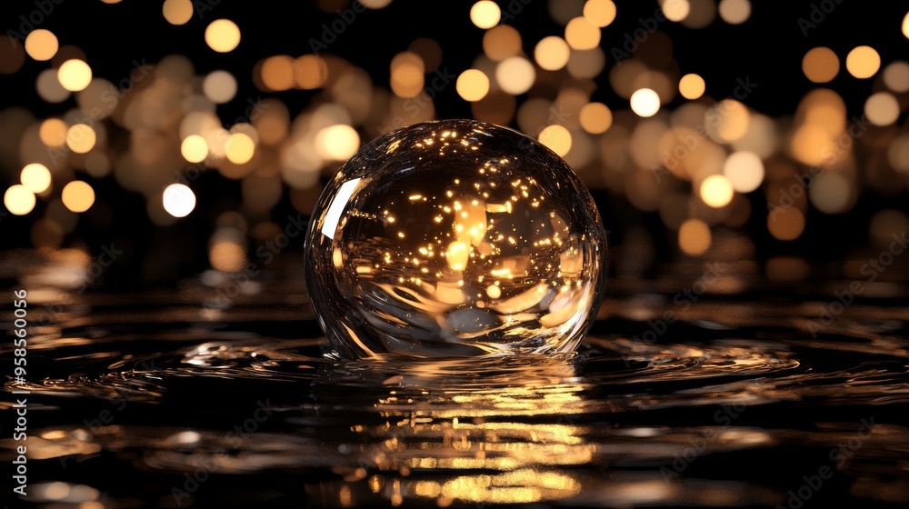 Fototapete an orb of clear glass floats atop a swirling pool of liquid, creating an abstract composition.