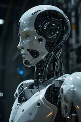 A close-up shot of a white humanoid robot's head, showcasing its intricate mechanical design. The robot's facial features are detailed, making it appear almost human.