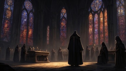 Scene as from the game RPG mystical monks in the dark temple