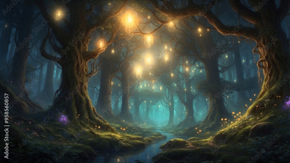 Poster Wallpaper beautiful fireflies in magical forest