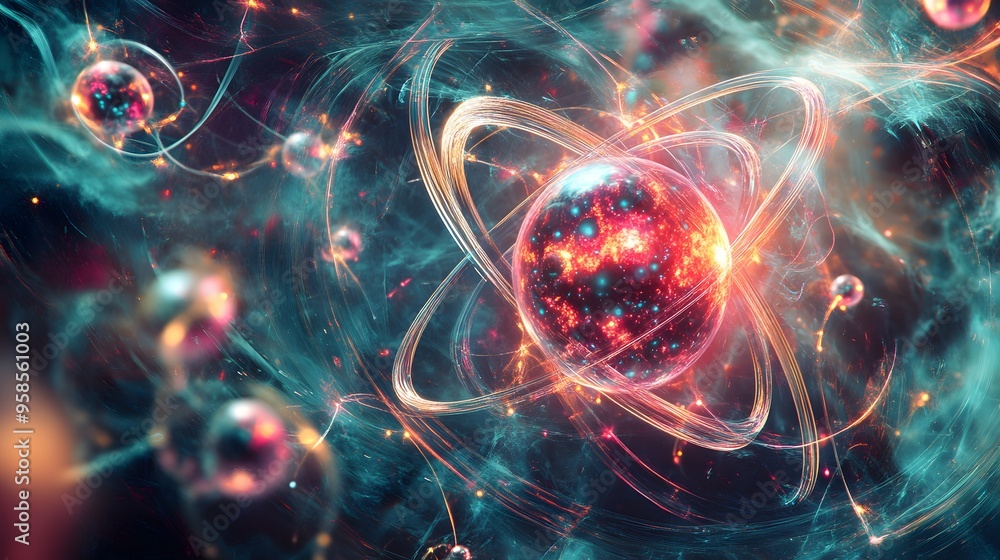 Poster 84. elegant artistic view of a toxic atom surrounded by intricate, pulsating molecular structures