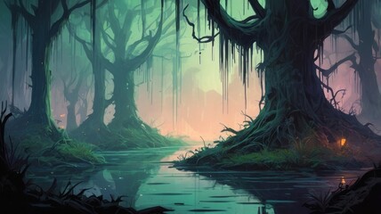 Wallpaper illustration mystic and dark old forest