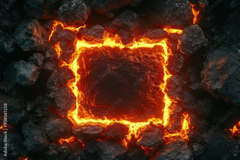 Poster graphite rendering of glow square shape in front of black volcanic rock wall.