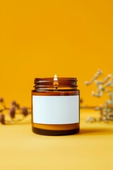 Close-up of a candle in an amber jar with a white label. The candle is modern and elegant on a yellow background with small natural details. Product mock up
