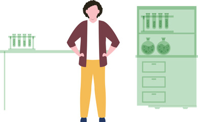 The girl is standing in the science lab.