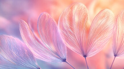 A dandelion's intricate seed structure, backlit with soft pastel colors, highlighting fine textures, dreamy atmosphere, illustration style, high detail.