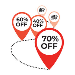Red pin maps discounts on dotted line. Sale concept icons for shop, retail. Fashion birthday vector illustration.