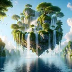 Floating Island with a Waterfall and Lush Greenery