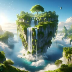 Floating Island with a Waterfall and Lush Greenery