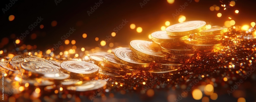 Poster a beautiful display of shining coins shimmering in soft light, symbolizing wealth and prosperity wit