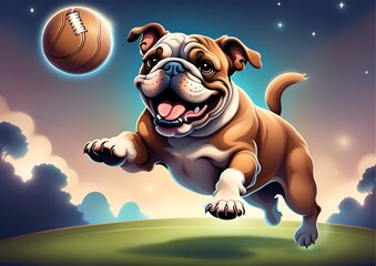 Little Cute Bulldog Feeling Joy and Happy Playing Ball at the Green Field