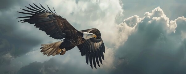 Obraz premium Majestic bald eagle soaring against cloudy sky, 4K hyperrealistic photo