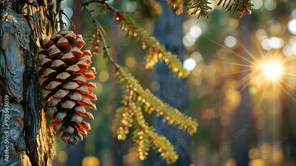 Poster a lone pine cone hangs from a tree branch in a serene forest setting on a misty morning
