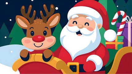 Santa Claus and Rudolph are delivering presents.