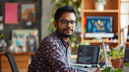 portrait of a male Indian graphic designer working in modern office, Indian tech worker in office 