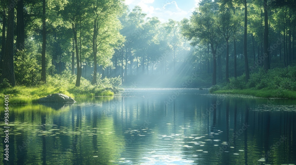 Poster a serene forest stream with sunlight filtering through the trees, creating a magical atmosphere.