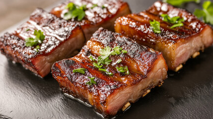 Juicy pork belly slices, crispy on the outside, tender on the inside, served with a tangy glaze