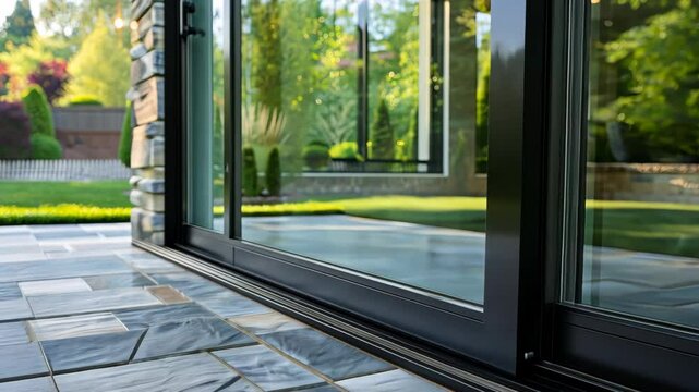Close up view of modern sliding glass door and patio area in a bright outdoor setting