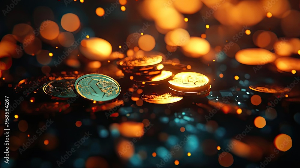 Poster close-up of shimmering coins on a reflective surface, glowing under warm light, creating a mesmerizi