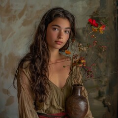 Young woman admiring a vase of vibrant flowers