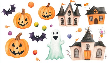 Watercolor Halloween Illustration with Pumpkins, Houses, Bats, and a Ghost