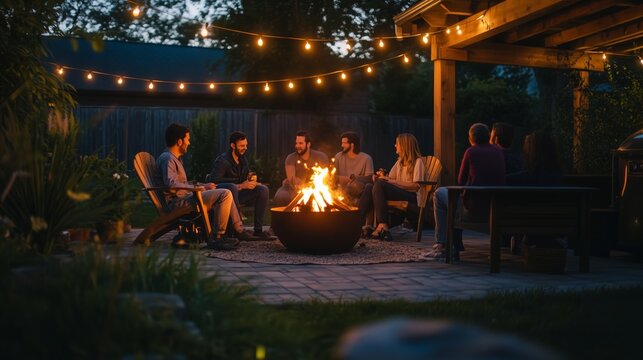 Friends gathered around a cozy fire pit enjoying a summer evening under string lights in a backyard setting