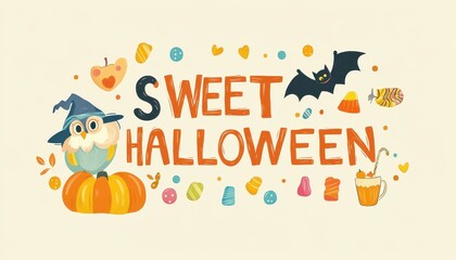 Fototapeta premium Sweet Halloween Greeting with Owl, Bat, and Pumpkin