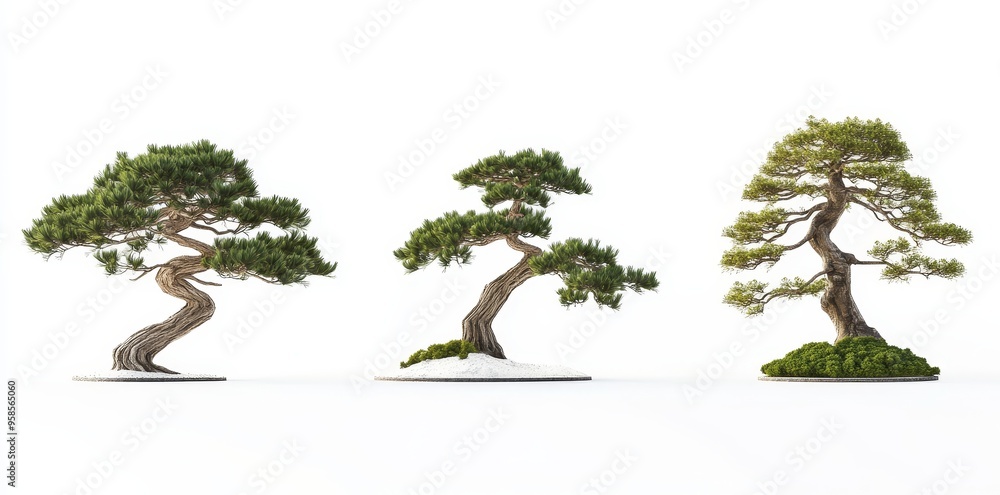 Poster an abstract set of 3d japanese green trees on a white background, suitable for visualizing architect
