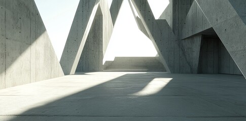 Industrial background template of an empty, modern concrete room with large openings on the right wall and ceiling.