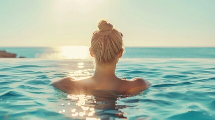 Woman relaxing in pool while gazing towards ocean