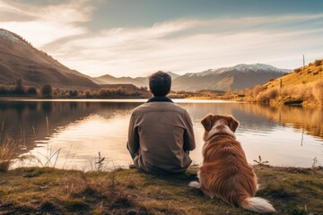 Latino man sitting in the lake side field with his dog landscape mountain outdoors.