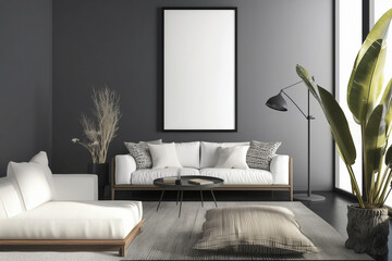 blank poster frame sitting on top of a sofa, contemporary style living room