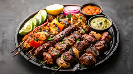Close up of grilled meat skewers with red onion, lemon, lime wedges, and dipping sauces on black plate.