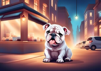 White Bulldog Feeling Sad Sitting on the Street in front of the Shop at Night