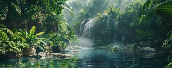 Lush jungle with a waterfall and emerald pool, 4K hyperrealistic photo,