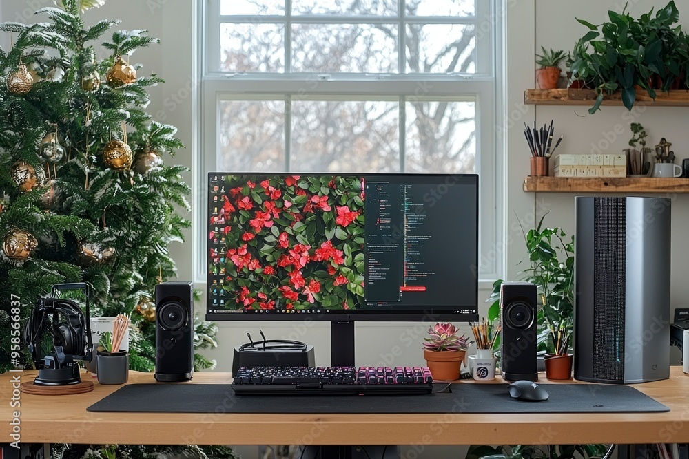 Poster a gaming setup with a christmas tree and a window view