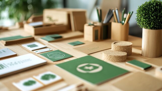 Close-up of a green logos and branding that emphasize sustainability on marketing materials.