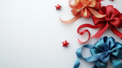 Christmas discount ribbon with festive bow, white background, cute 3D Blender, minimal and colorful