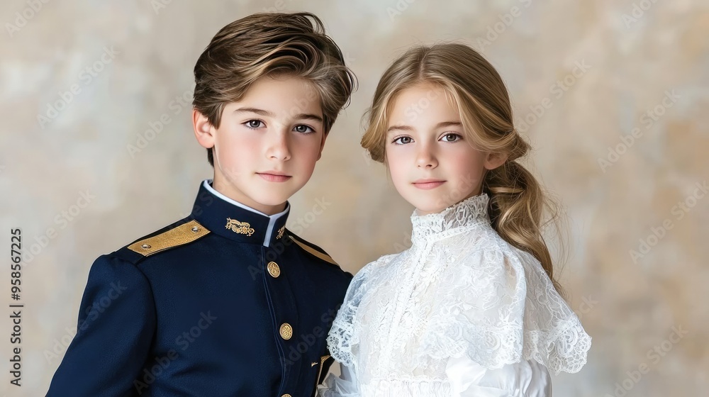 Wall mural A boy in dark blue and his sister in a school uniform with a lace blouse stand side by side, showcasing a moment of sibling bonding in a neutral setting