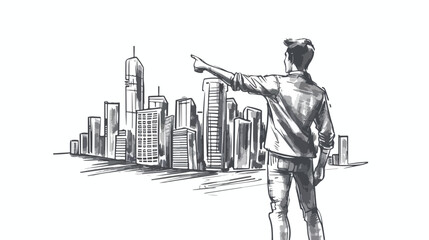 Young Man Pointing at Modern City Model - Handdrawn Vector Illustration