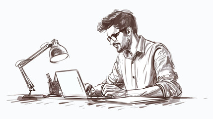 Young Man Working in Office Hand-drawn Vector Illustration