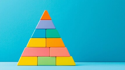 Isolated toy bricks arranged in a pyramid structure on a blue canvas, vibrant colors with minimalist vibes