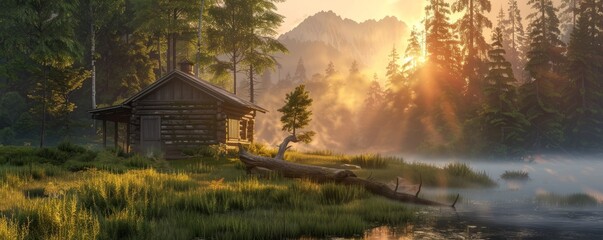 Gentle dawn light over a rustic cabin, 4K hyperrealistic photo