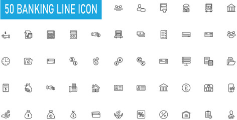 Banking Line Icons set. account, business, capital, cash, checklist, clients, check, currency,  dollar, id card, locker, money, percentage, team, donation .Vector illustration