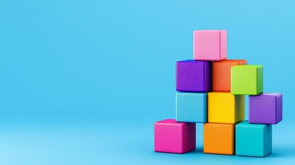 Obraz premium Neatly stacked bright blocks in various colors on solid blue backdrop, representing organization and childhood