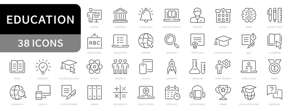 Education and E-learning line icons. Learning, school, university editable stroke icon. Vector