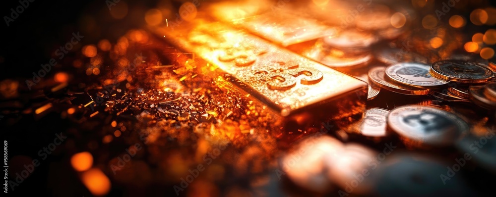 Poster a close-up of shimmering gold bars and coins on a textured surface, illuminated by warm light, creat