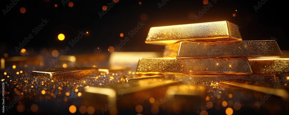Poster sparkling gold bars stacked with shimmering particles creating a luxurious and wealthy atmosphere.